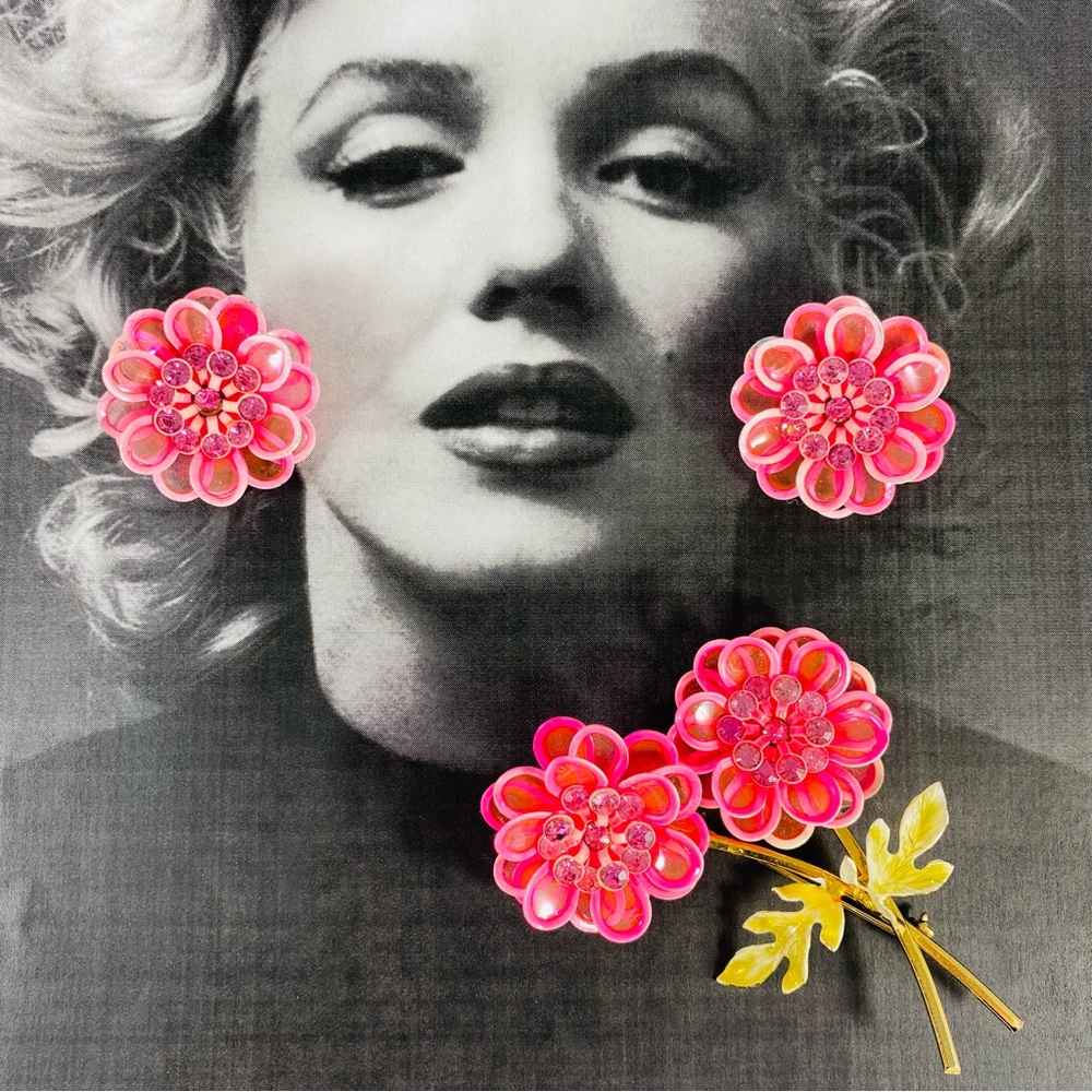 Authentic 1960s vintage cellophane, Posey clip earrings and brooch